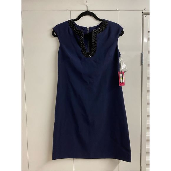 Vince Camuto NWT Jewel Collar Navy Blue Shift Dress, Size 4, MSRP $148 - Picture 1 of 10